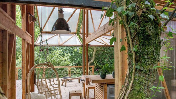 Eine Holzterrasse mit einer hängenden Leuchte, einem Korbstuhl und einem Tisch mit einer Topfpflanze.