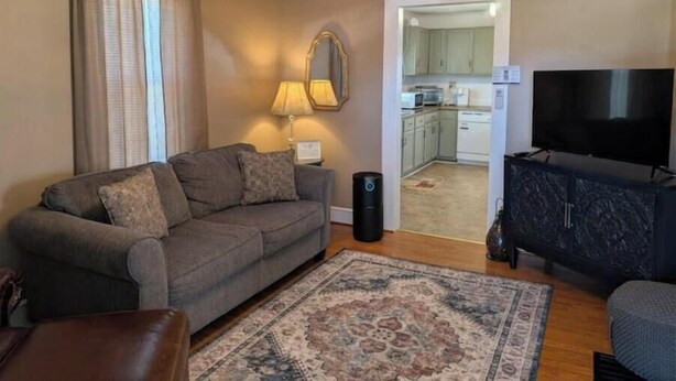 A living room with a sofa, a TV, a lamp, and a rug.