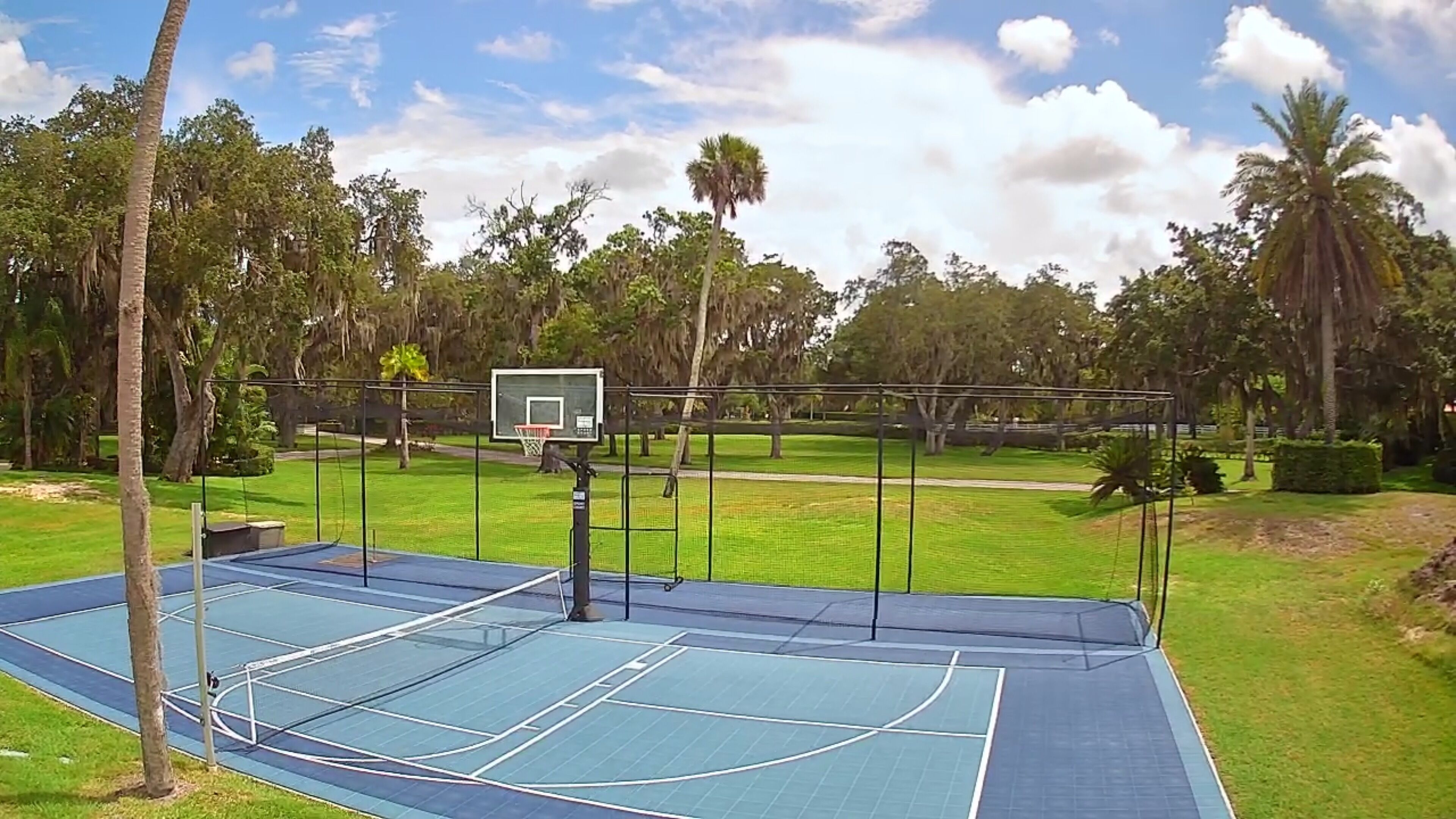 An outdoor basketball court with a net, surrounded by trees and grass.