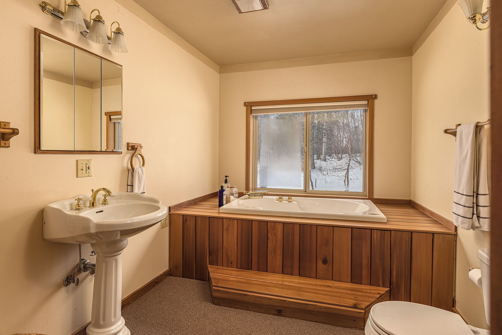 تجهيزات دش، حوض استحمام بنظام ضخ المياه، مناشف، صابون