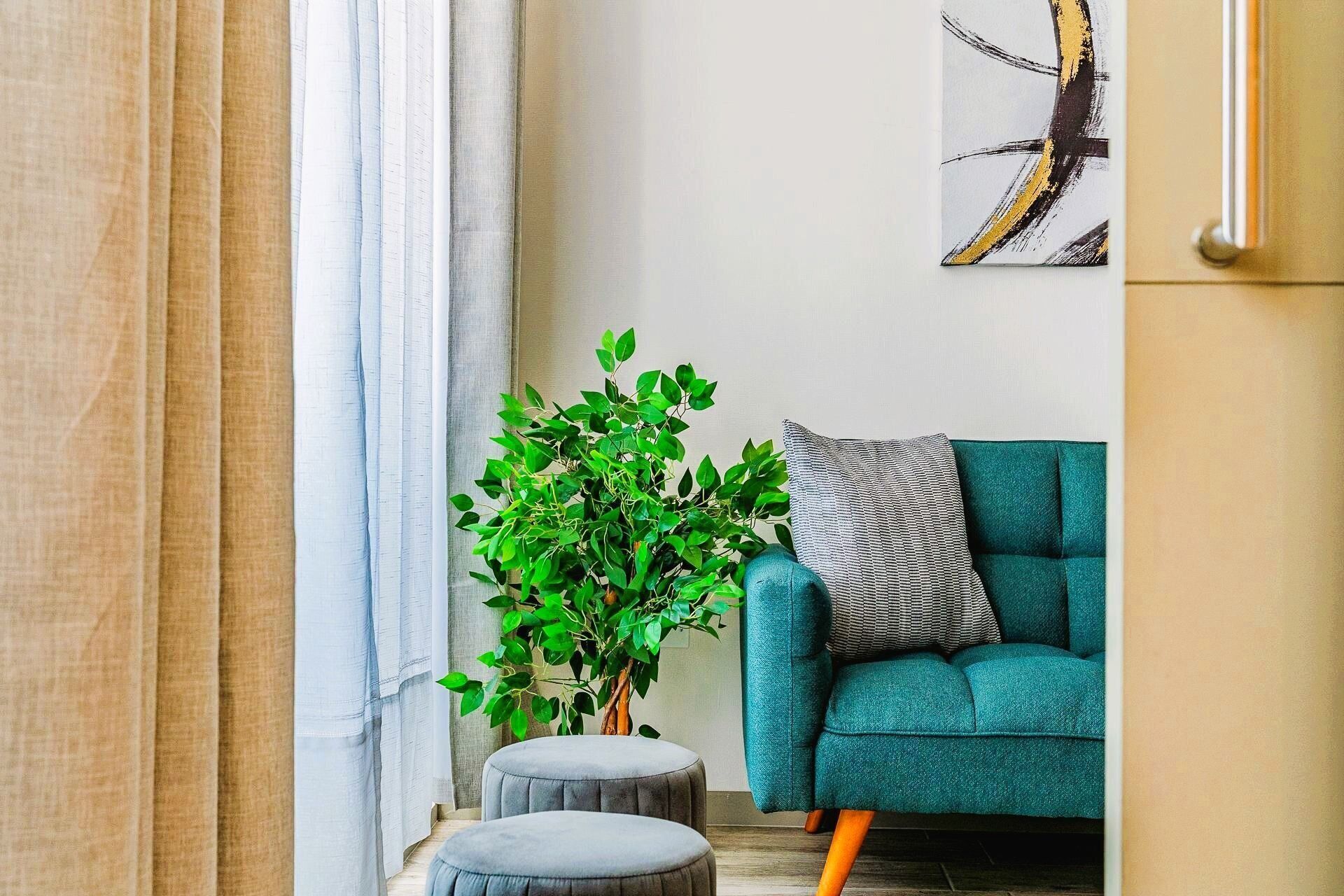 Un rincón de una habitación con un sofá color turquesa, un reposapiés gris y una planta verde.