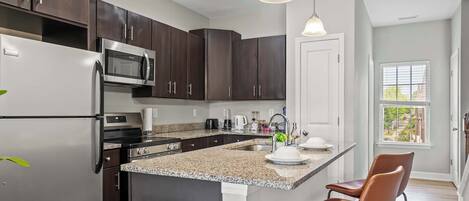 Fridge, microwave, oven, dishwasher