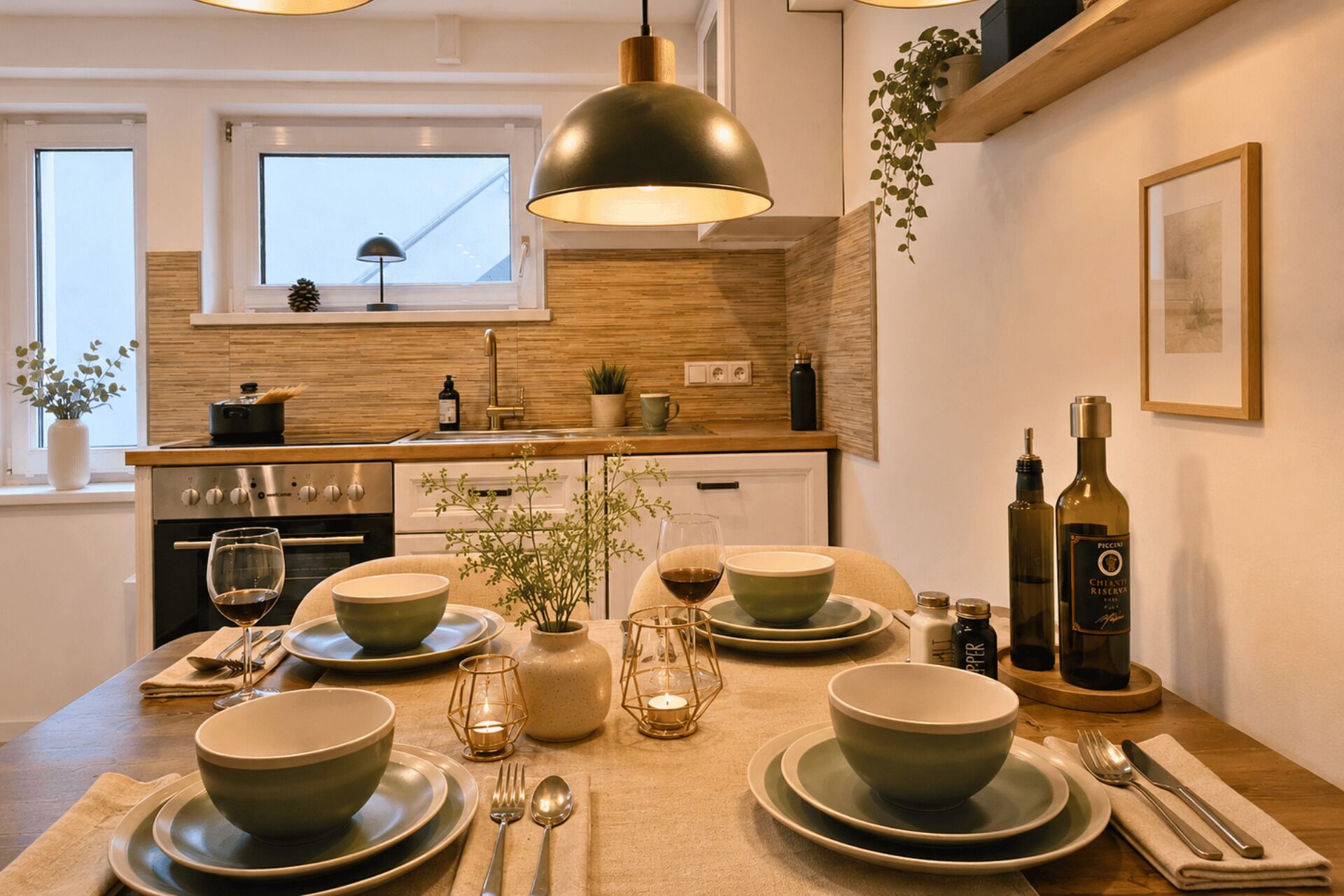 Wasserkocher mit Kaffee-/Teezubehör, Kühlschrank, Ofen, Herdplatte