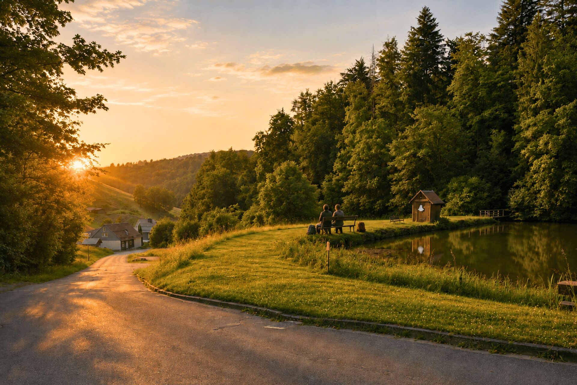A rural road curving through a forested area with a small house and a wooden structure by the water.