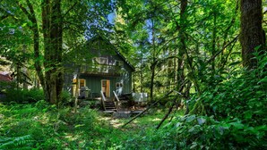 A rustic cabin surrounded by dense forest. - Wildwood  Cabin in Welches (Mount Hood Village)