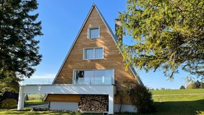 Ein modernes, dreieckiges Holzhaus mit zwei großen Fenstern und einer überdachten Veranda.