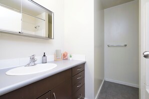 Douche, séchoir à cheveux, serviettes fournies, savon