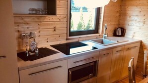 A compact kitchen with a window, a sink, a stove, and a microwave. - Cottage in Plesna Near Sandy Beach (gmina Będzino)