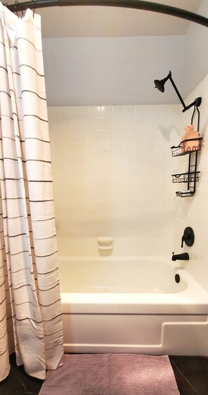 Hair dryer, towels, soap, shampoo