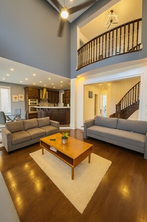 Smart TV, fireplace, books, offices