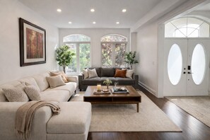 Smart TV, fireplace, books, offices