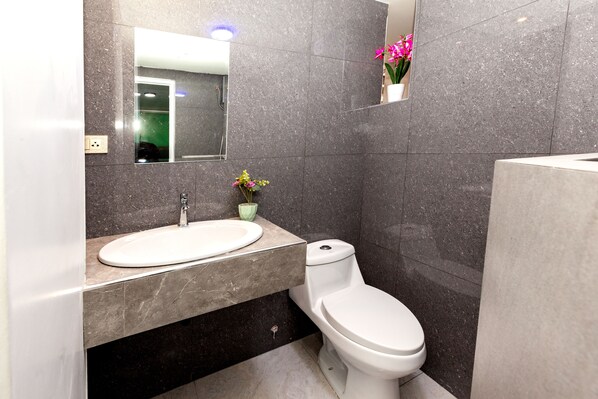 A modern bathroom with a marble sink, a toilet, and a mirror.