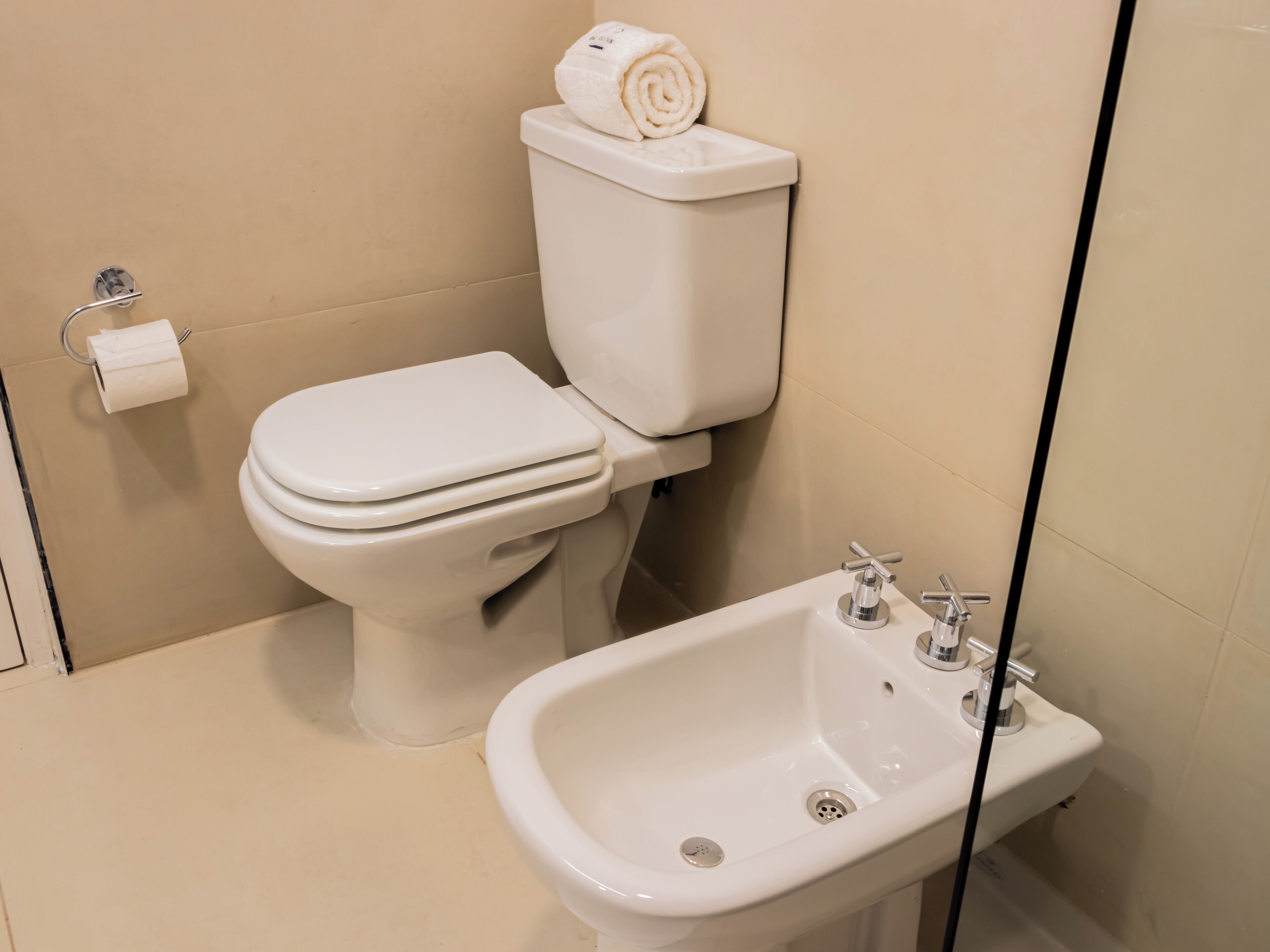 A bathroom with a toilet, a sink, and a toilet paper holder.