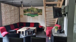 Televisión, chimenea y libros 
