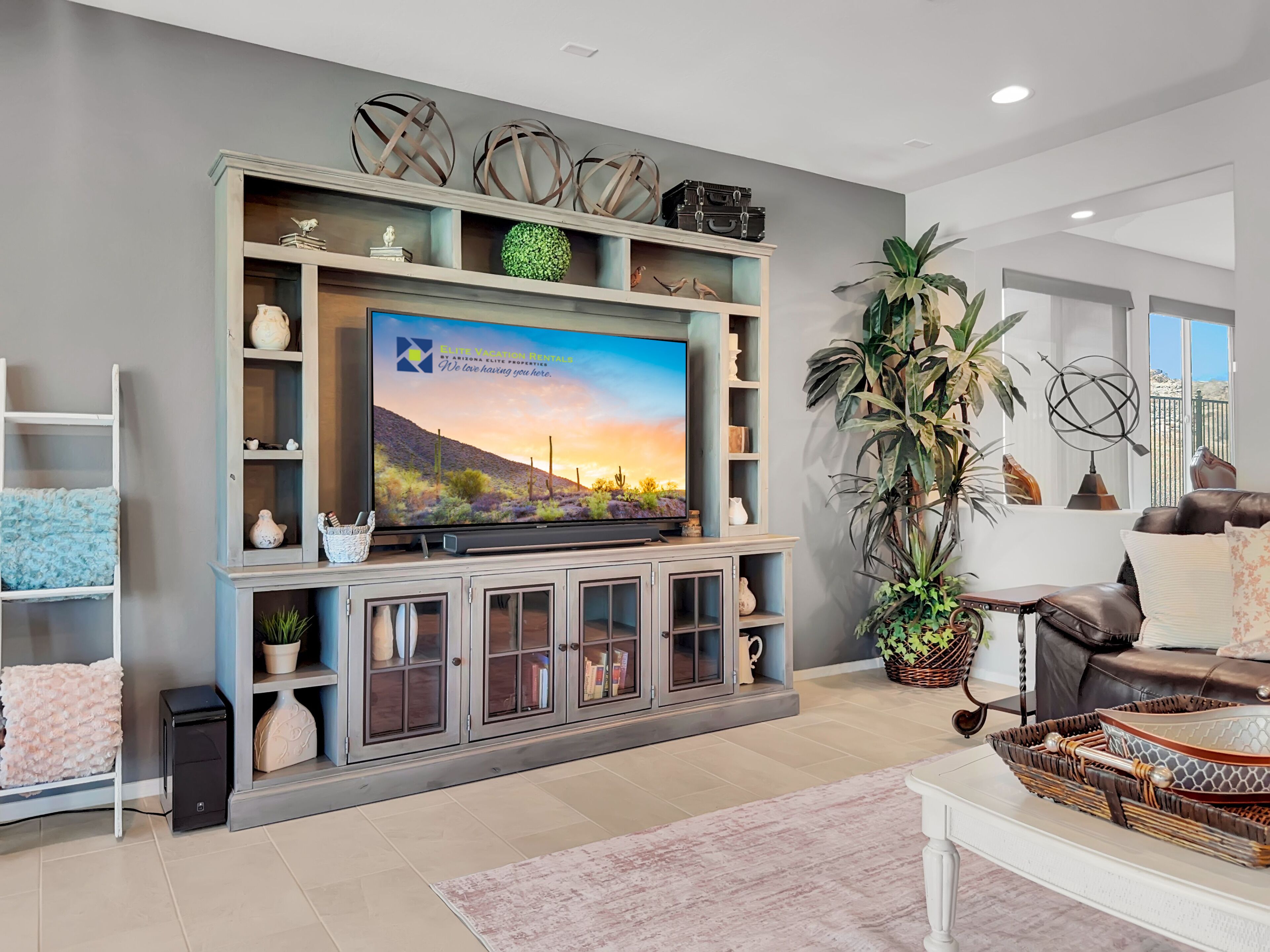 A living room with a flat-screen TV, a bookshelf, decorative items, and a large potted plant.