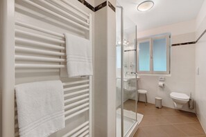 Douche, séchoir à cheveux, serviettes fournies