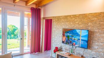 Una televisión, una mesa de tenis de mesa