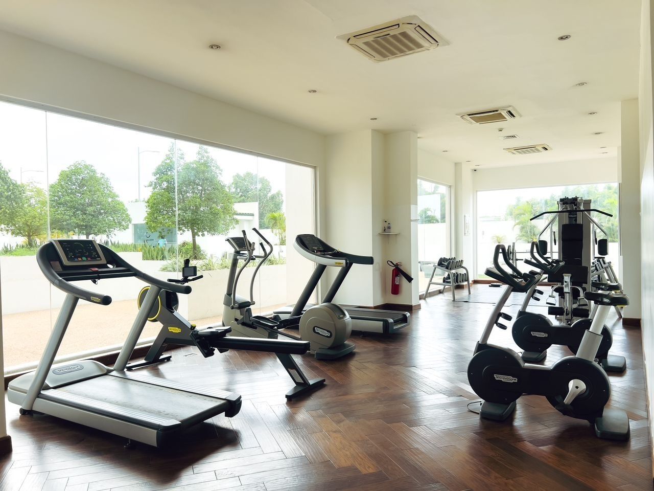 A gym with treadmills, elliptical machines, and weight equipment.