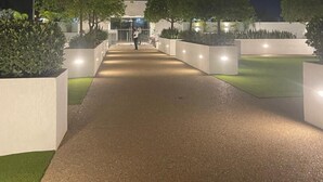 Un sendero nocturno que lleva a un edificio con macetas y árboles iluminados.