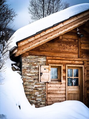 Una cabaña de madera con un muro de piedra, una puerta de madera y una ventana.