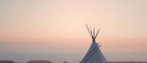Una tienda de campaña blanca sobre un campo de hierba con cielo despejado.