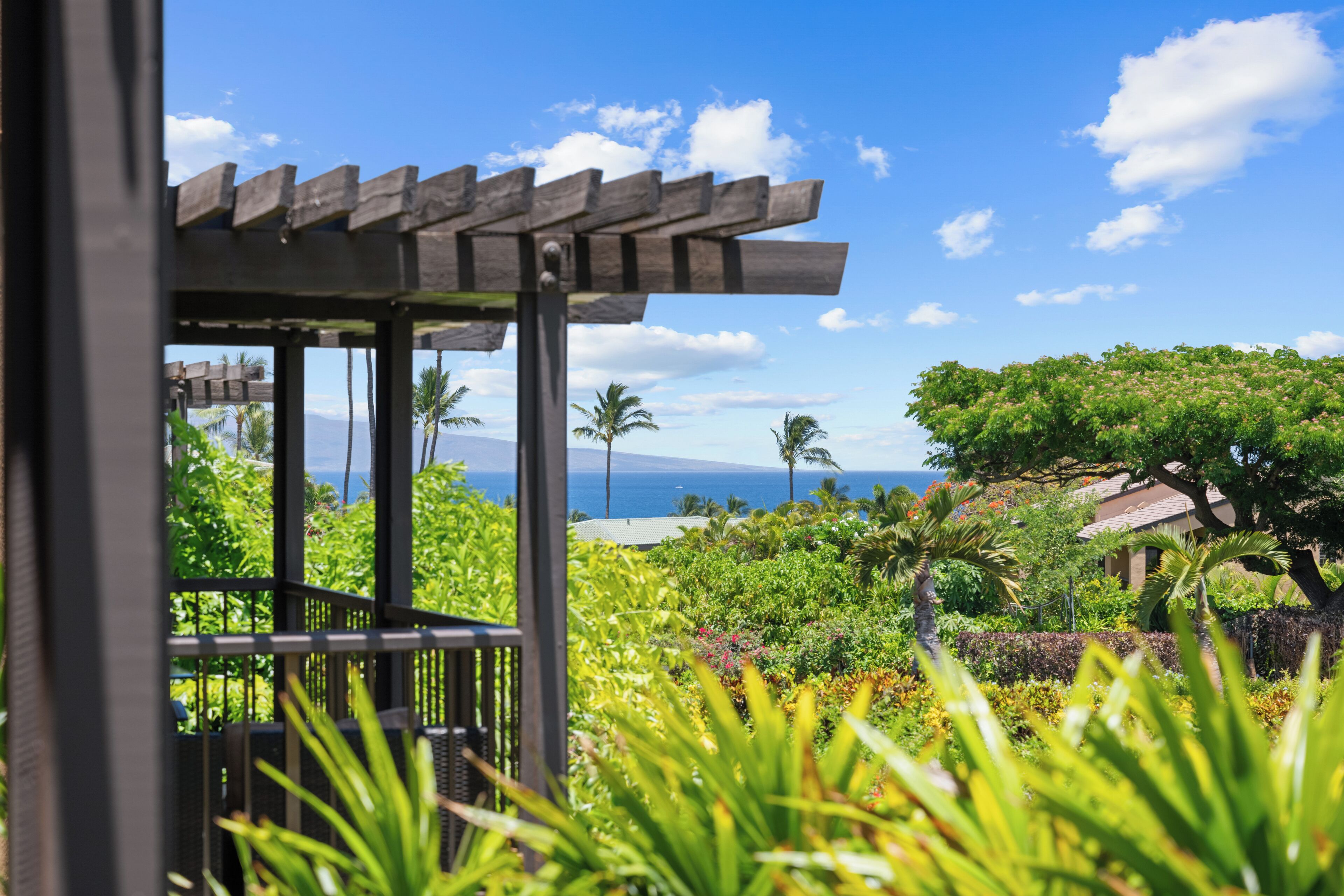 A wooden pergola with a view of a lush garden and the ocean.