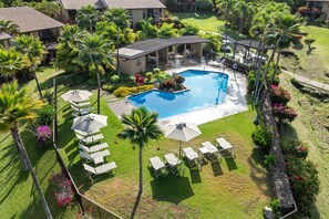 An aerial view of a resort with a swimming pool surrounded by palm trees and lounge chairs.