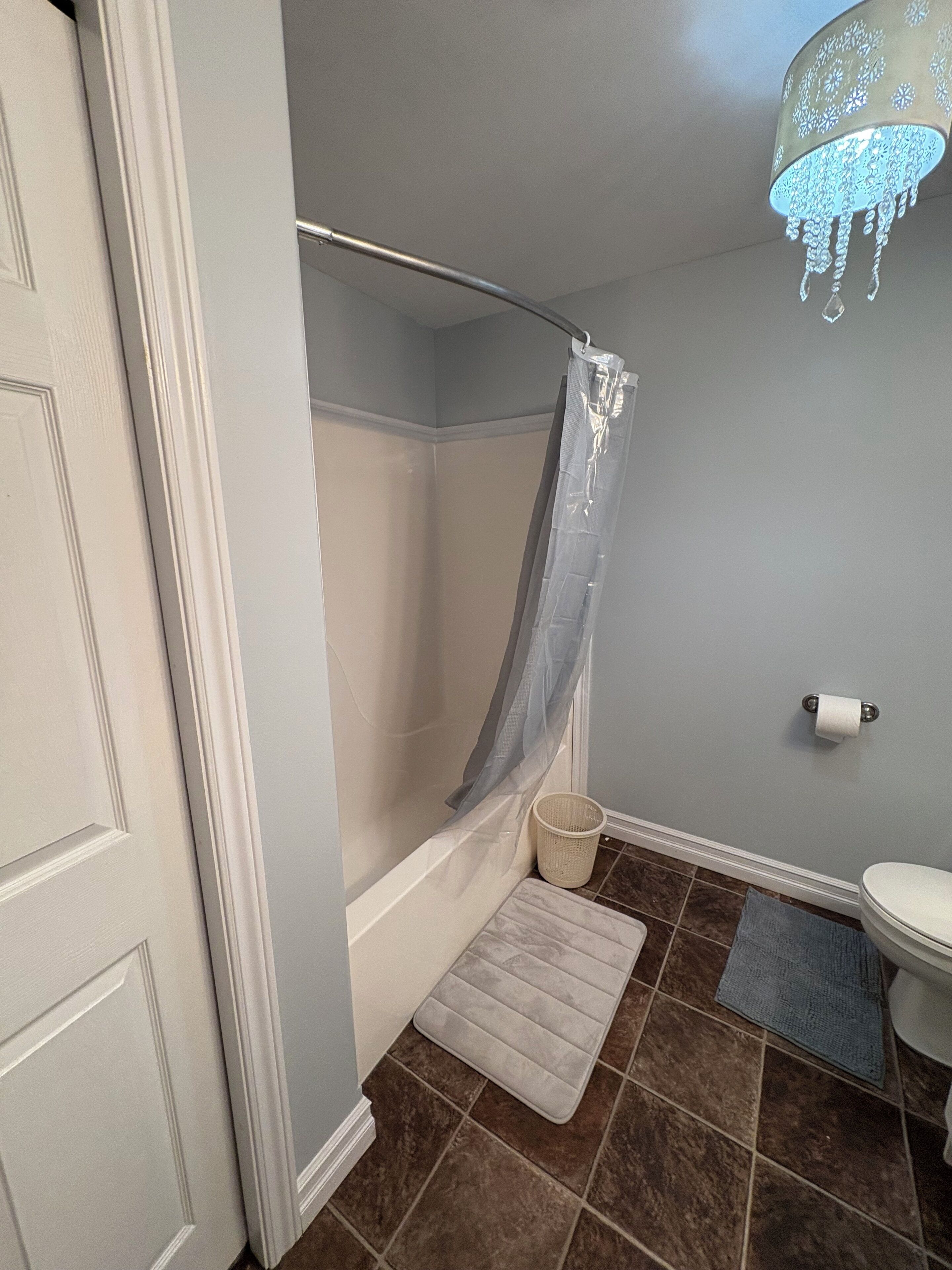 Un bagno con doccia, WC e una lampada a sospensione.