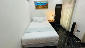 Una habitación de hotel con una cama, un cuadro en la pared, una mesita de noche, una lámpara y una cortina.
