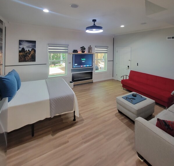 Smart TV, chimenea, reproductor de DVD y biblioteca musical 