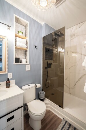 Regadera, secadora de cabello, toallas, jabón 