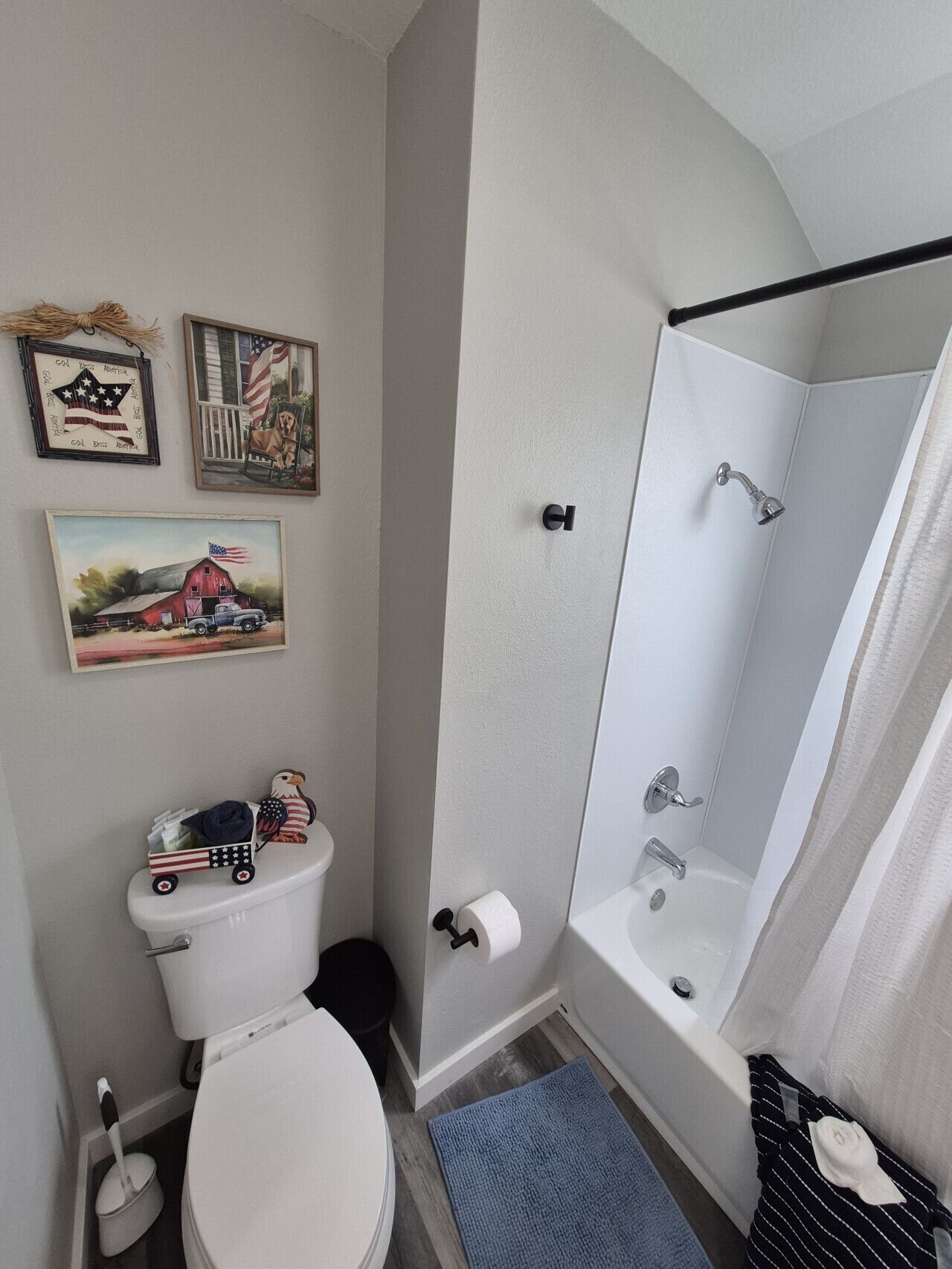 Un baño con inodoro, ducha y dos cuadros colgados en la pared.