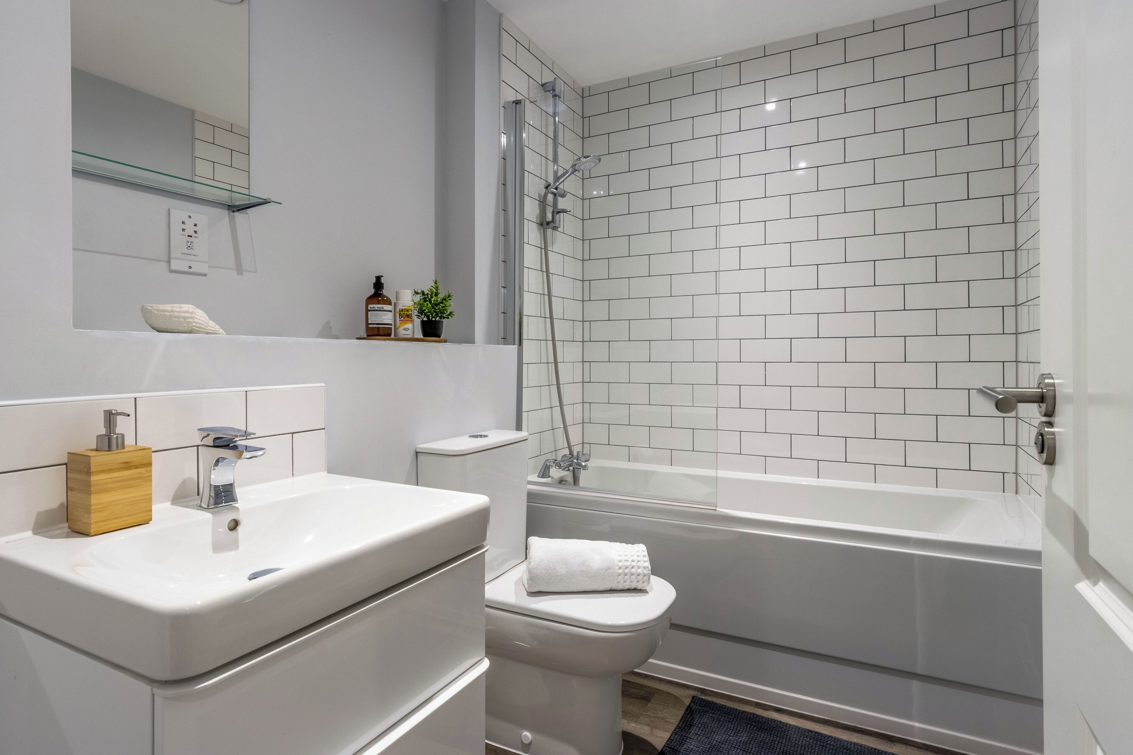 Hair dryer, towels, soap, shampoo