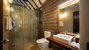 Un bagno moderno con cabina doccia in vetro, un water bianco e un mobile lavabo in legno con uno specchio grande.