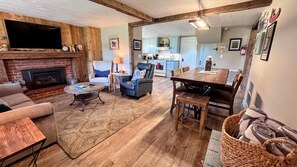 Smart TV, fireplace, books