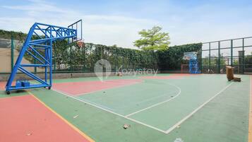 Een buitenbasketbalveld met een blauwe metalen constructie, een basketbalring en een net.