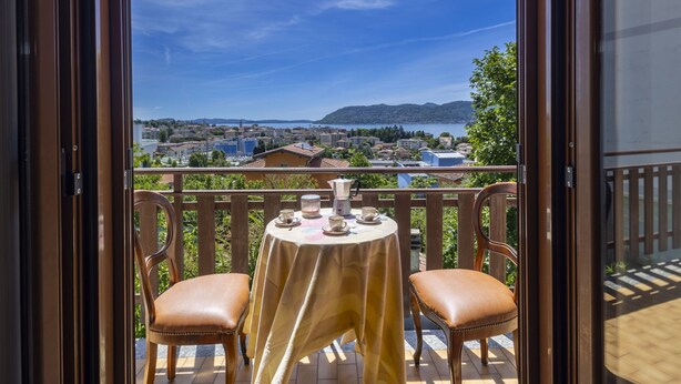 A balcony with a table set for two, overlooking a cityscape and a body of water.