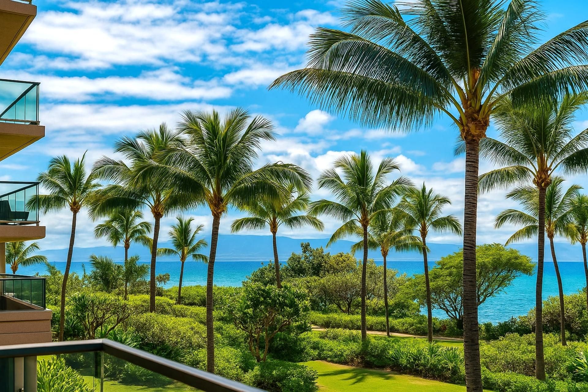 A resort with a view of the ocean, palm trees, and a building with a balcony.