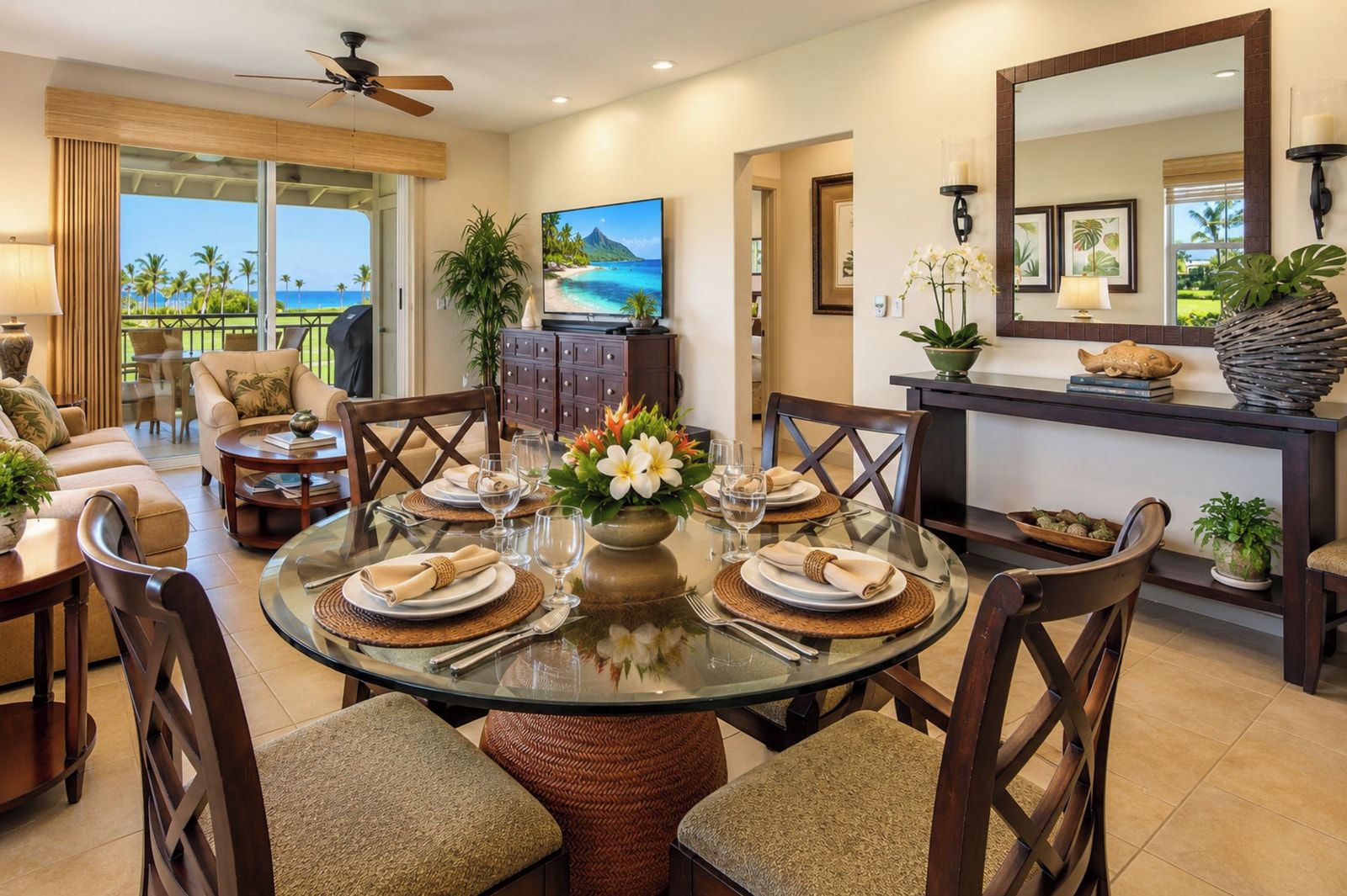 Your dining table sits beneath a statement mirror, just steps from the open kitchen for easy meals and conversation. HLI-12A