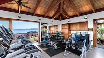 Une salle de sport équipée de tapis de course, d’appareils de musculation et de ballons d’exercice, offrant une vue panoramique.