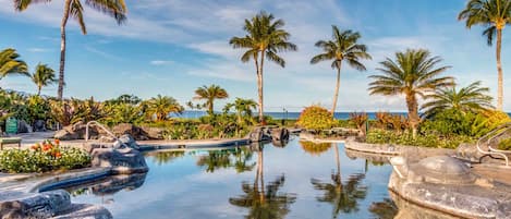 A resort pool with palm trees, a clear sky, and a view of the ocean.