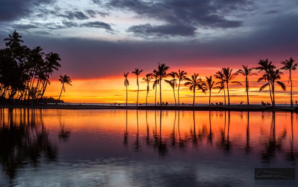 A sunset over a calm beach with palm trees reflected in the water.