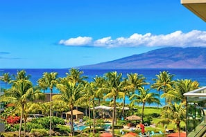 A resort with a pool, palm trees, and a view of the ocean.