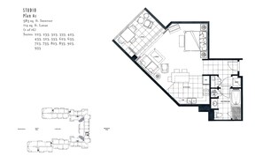Plano de planta de un estudio de 54 metros cuadrados de superficie interior, 11 metros cuadrados de terraza y varias suites.