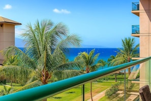 A balcony with a view of the ocean and palm trees.