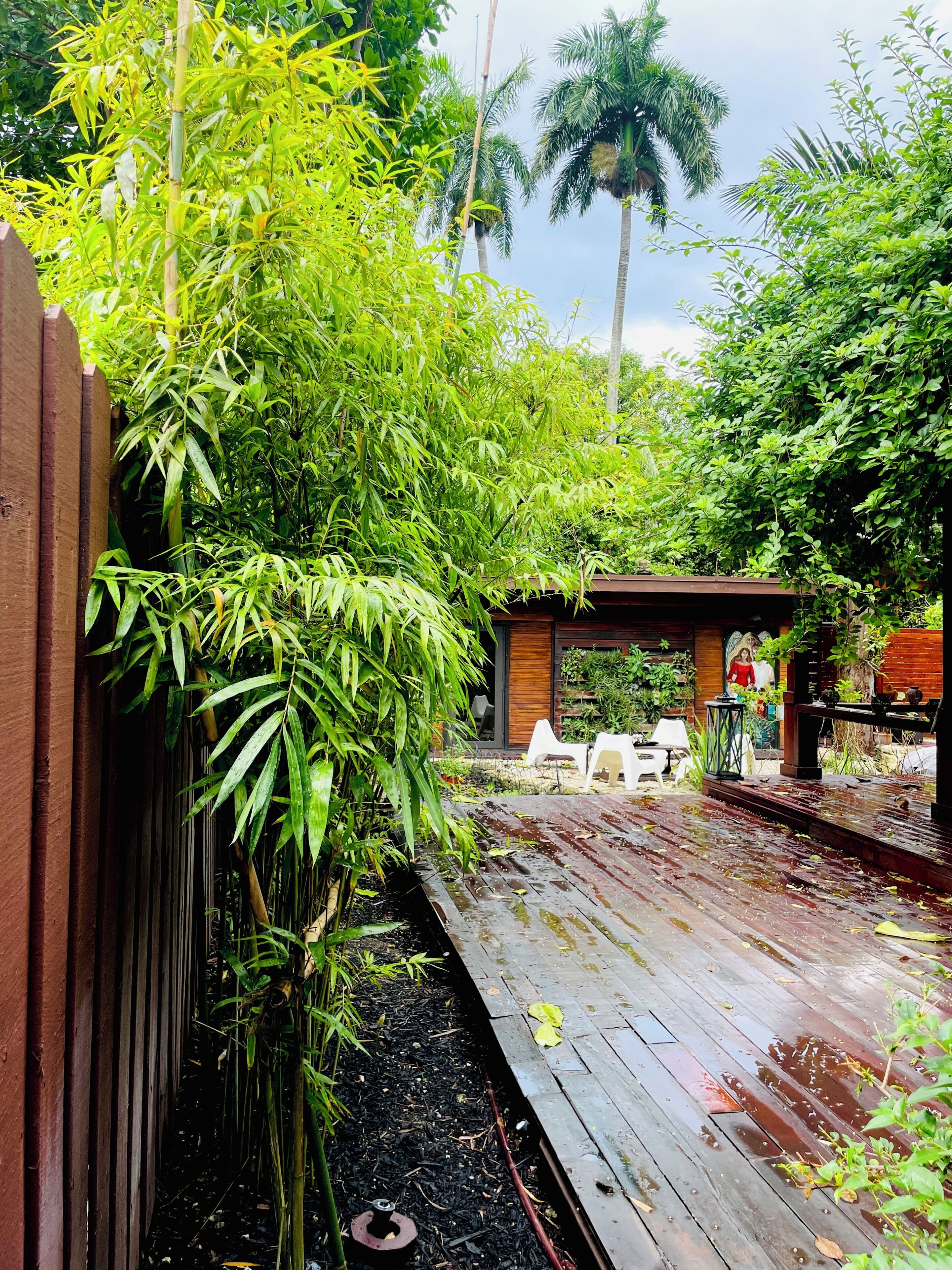 A wooden deck with a garden area, including bamboo plants and a small structure with chairs.