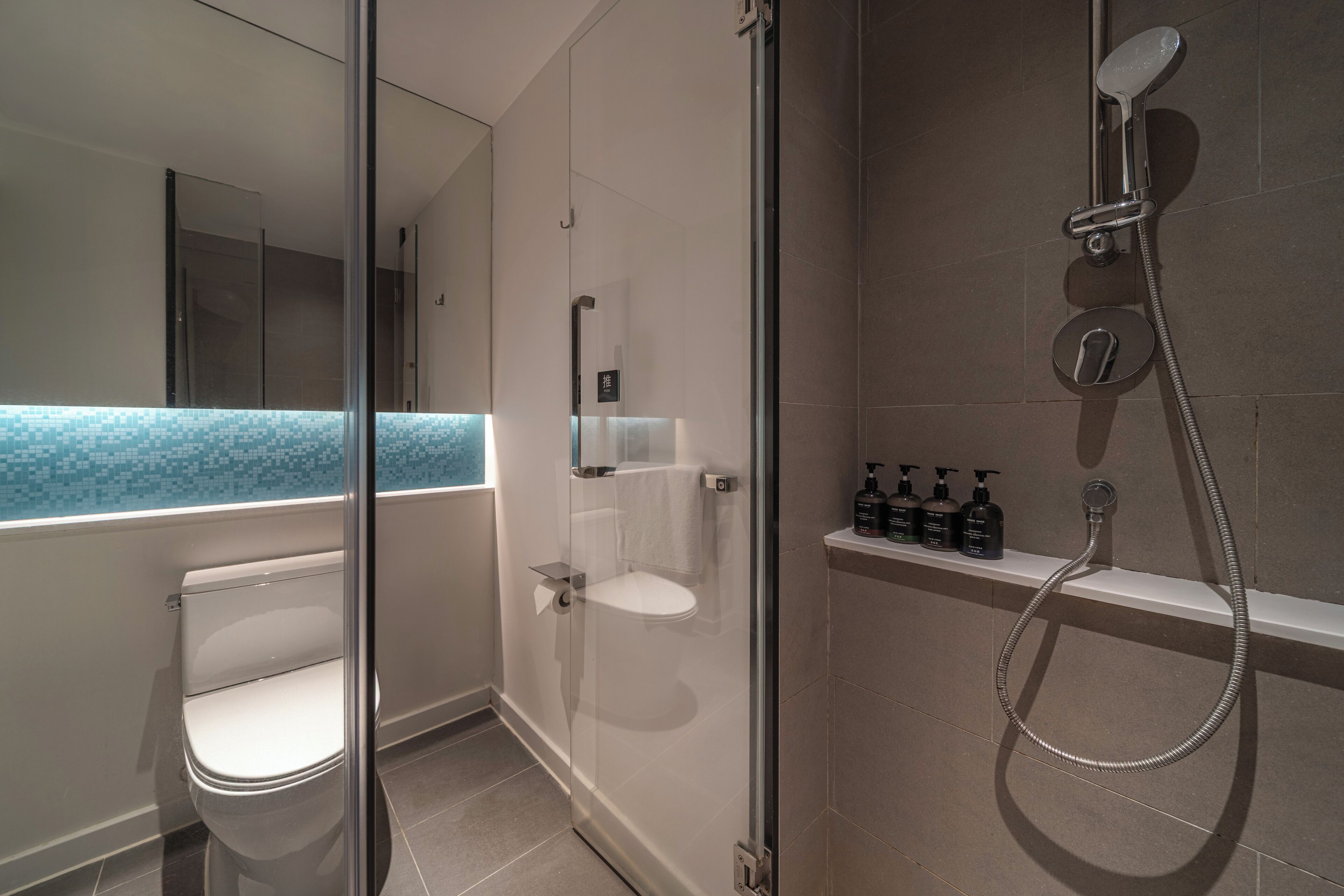 A modern bathroom with a glass-enclosed shower, a toilet, and a shelf with toiletries.