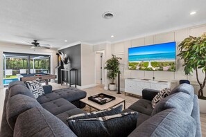 Smart TV, fireplace, books