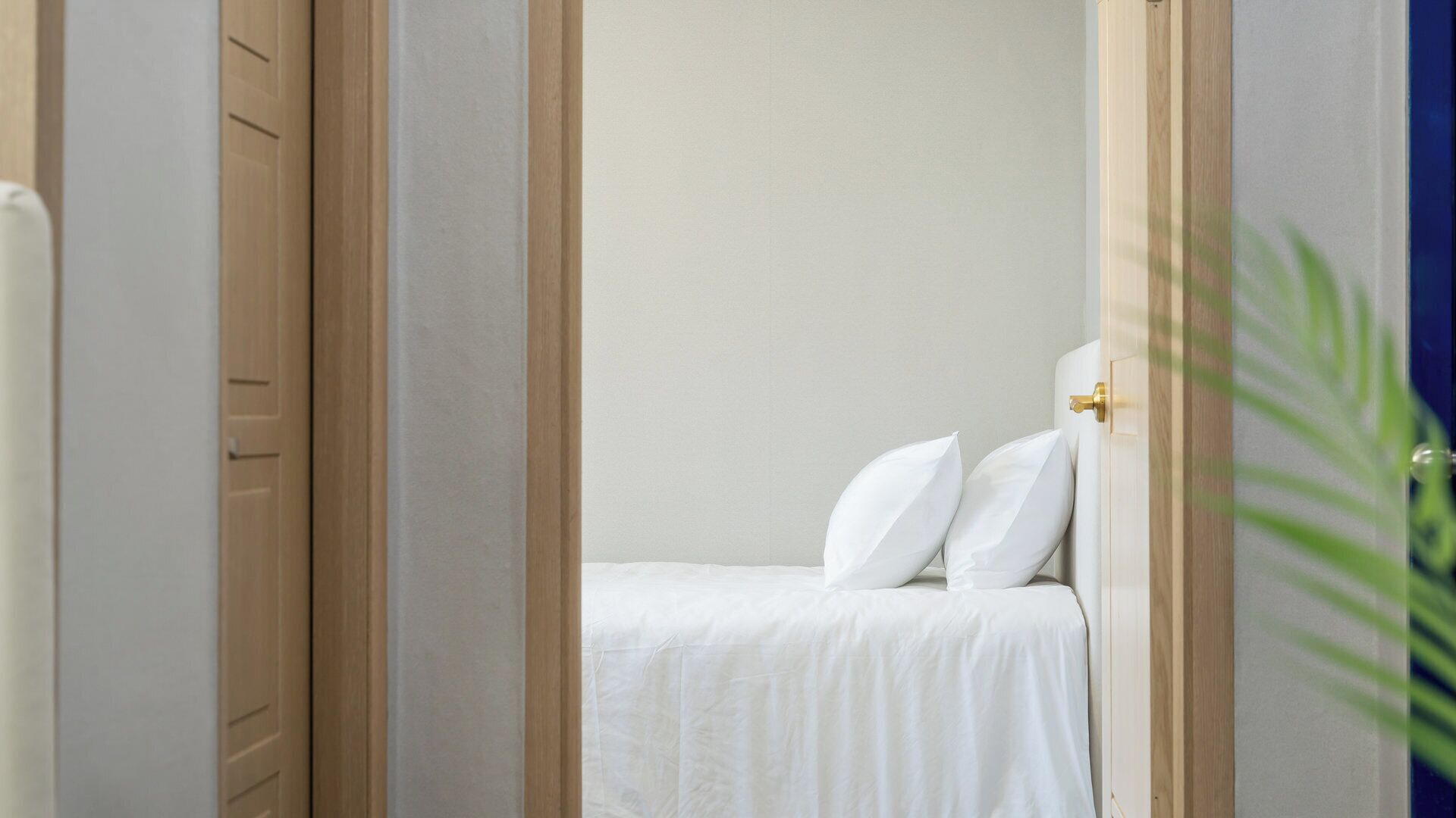 A narrow room with a bed, a wooden door, and a plant.