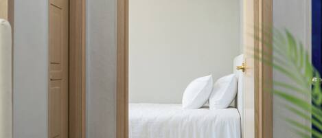 A narrow room with a bed, a wooden door, and a plant.